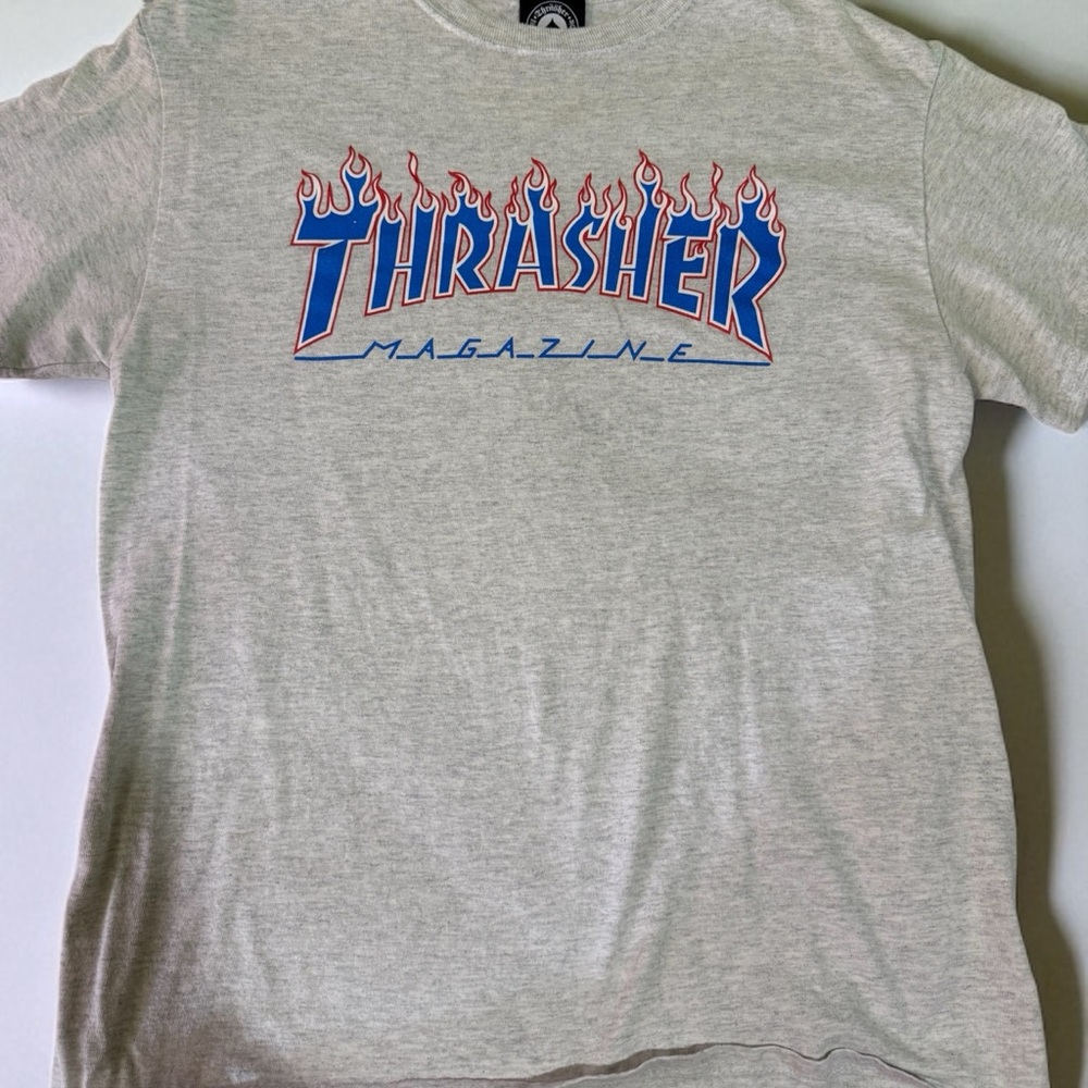 Thrasher Gray Tee with Blue and Red Logo